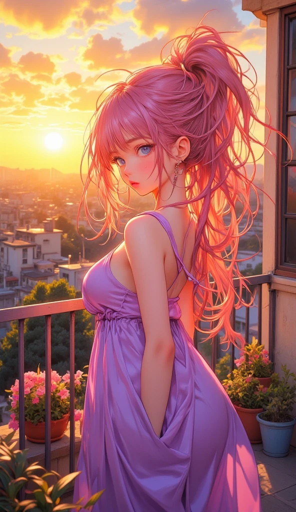 Top quality, high resolution, perfect human structure, iridescent hair, glowing hair, cat ears, fun, sitting on roof, city, sunset, moon, neon, neon colors, near future, ceiling , heart shaped pupils, wavy hair, shiny hair, smiling, pink dress, beautiful,