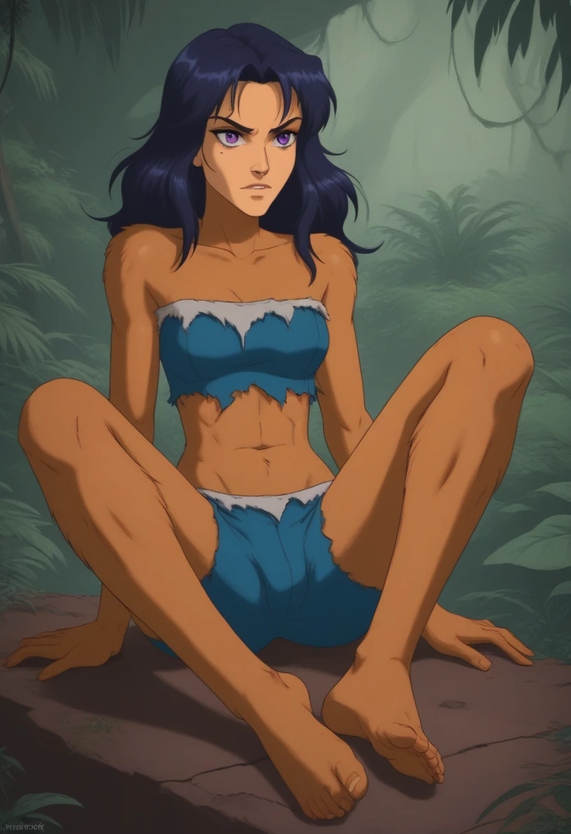 Solo naked jungle cat woman, long dreadlocks, lean physique, perky breasts, sitting on tree branch, jungle background, 90's, retro artstyle