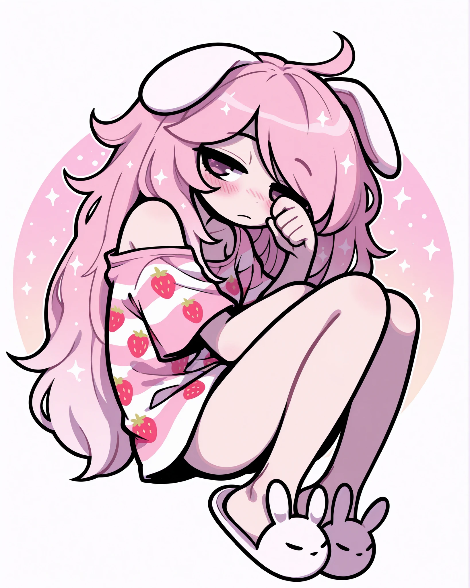fetal_position,CartoonyIllustrious,anime girl just woke up, kemonomimi bunny girl, messy long hair, oversized strawberry print shirt falling off one shoulder, sleepy expression, warm lighting, bunny slippers, dreamy shojo style, subtle Y2K pastel tones, warm morning glow, detailed soft shading, pink sparkles, loose ribbon in her hair, sleepy eyes with blush, illustration, white background