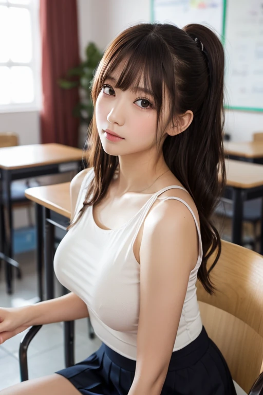 (1young girl), (highly detailed Beautiful face), Amazing face and eyes, (Best Quality:1.4), (Ultra-detailed), (extremely detailed CG unified 8k wallpaper), Highly detailed, High-definition raw color photos, Professional Photography, Realistic portrait, Amazing face and eyes, Pink eyes, (hi-school uniform, pleated mini skirt:1.3), (High  with wide open breasts:1.4), twintails, brown hair, model,  (((Bokeh))), depth of fields, School, classroom, (squatting:1.2), (sheer lace panties:1.2), view from below