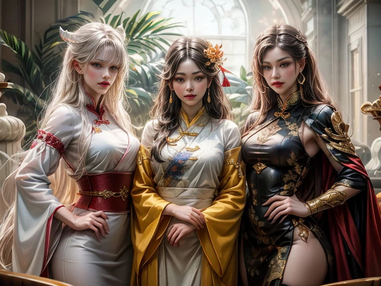 best quality, masterpiece, highres, 5 noble girls, lesbians, touching eachother, seducing, elegant, cute and sexy, erotic pose, sexy pose, erotic expression, BDSM, chains, chained, snapping, eighteen forbidden, asian style, hanfu, white and even teeth, irises, full body shot, shot from behind, chinese women's clothing, chinese traditional dress, long dress, wearing a nightgown thin lace deep slit chest, chinese underwear, stockings, lace stockings, mesh stockings with hooks on underwear, garter belt, lace socks worn at the waist, high heels, high boots, high leather boots, corsait, turtleneck polo lace top, choker, long gloves, makeup, eyes with very sharp and detailed makeup, lipstick, very long hair, ponytail, hair ornaments, necklace, jewelry, crown jewelry, Pretty face, magic import style, tyndall effect, photo realistic, dark studio, border light, two tone light, (high detail skin: 1.2), 8k uhd, dslr , soft light, high quality, volumetric light, candid, Photo , high resolution, 4k, 8k, Bokeh, In the Dark: 1.6), surreal full body of women by David Hockney and Alphonse Mucha, fantasy art, photorealism, dynamic lighting, station art, posters, volumetric lighting, highly detailed faces , super 8k, Awarded, in the dark, deep shadow, low light, cowboy lens, (Red phoenix shirt: 1.4), bust, luxury palace chambers bedroom background, Royal style family, Best face, Very round and tight breasts, Surreal, charming smile, guweiz, overcast and thunderous landscape, (full body), (Background detail 1.8), moderately big butt, --auto