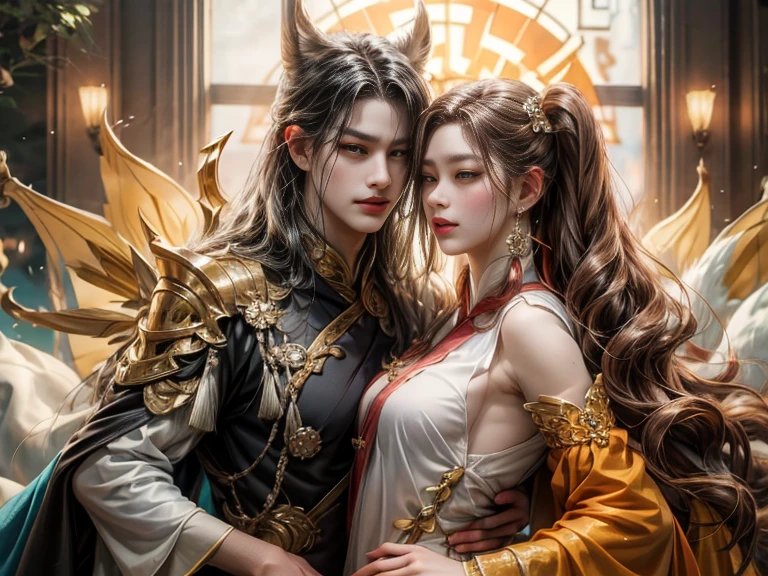 (couple cuddling) rough man Zeus muscles naked, beautiful, sexy, bare breast, cleavage, bare legs, see-through, standing, hanfu, wet, clear, realistic, supreme detail, Chinese mythology, dragon pattern, phoenix, sacred, holy, golden mountains, heavenly palace, countless palaces, clouds, golden light