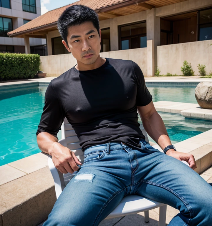 A 43-year-old Japanese former rugby player in white competitive swim pants and sitting on a bench with his legs spread wide by a swimming pool.。　Short Beard　very short hair　stocky thick chubby shirtless