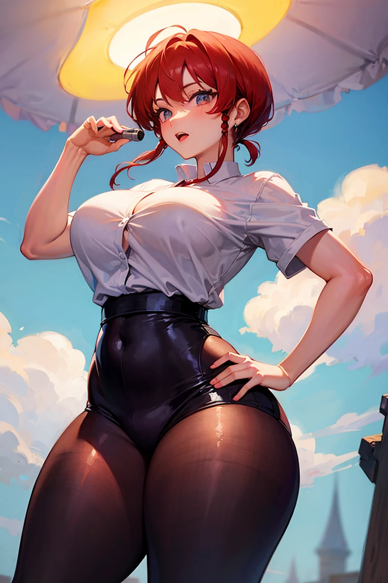 1 girl, standing alone, Grinning, breasts big, average ass, hands, braided ponytail, surrounded eyes, black necktie, spreading your legs open, arms raised to the back, May, facing the front, at beach, cinematic lighting, detailded, 4K, uhd.