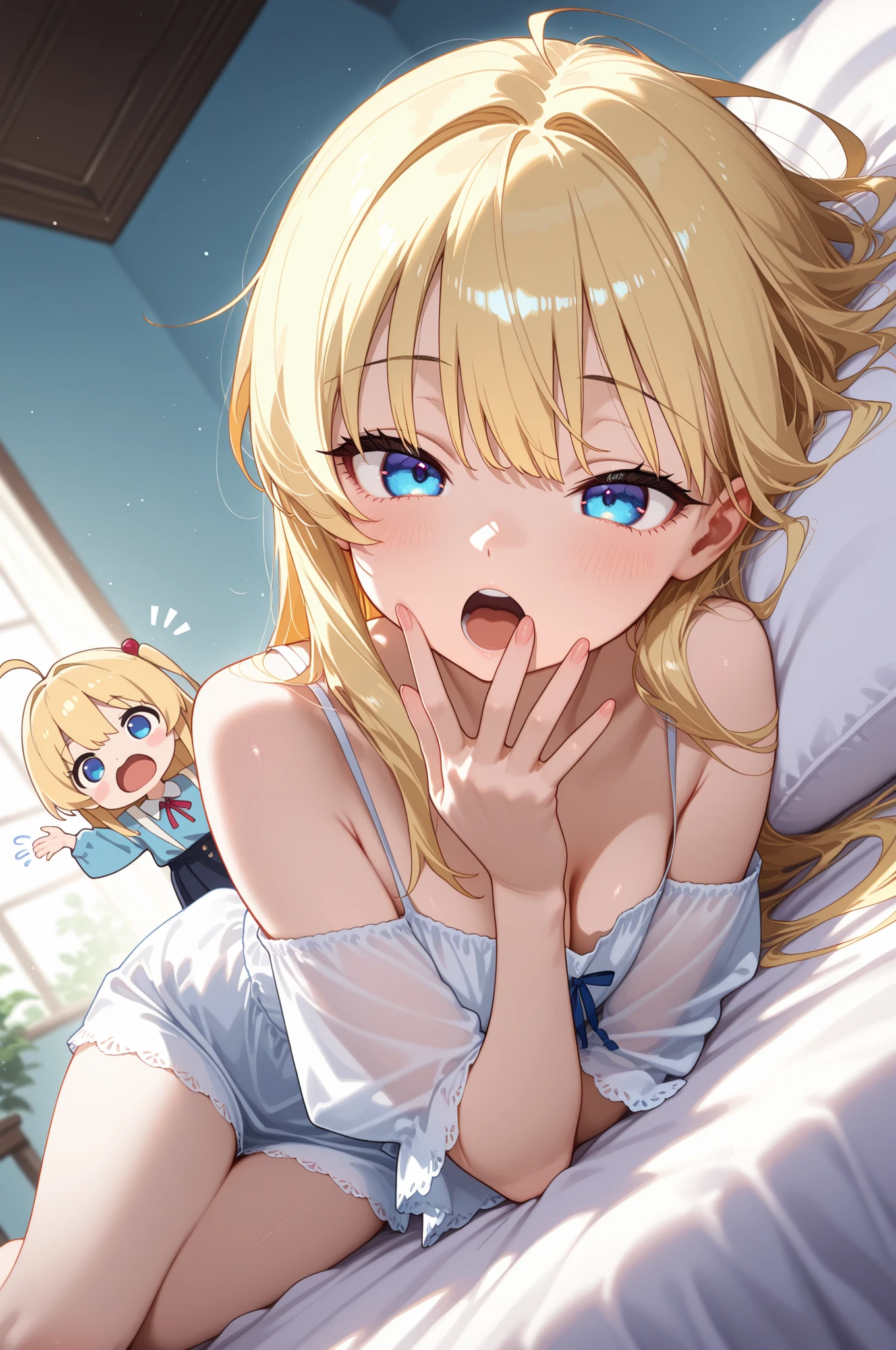 a minigirl on a bed in front of a giantess, a minigirl on a tiny bed in front of the breasts of a giantess, bedroom, wooden, blanket
huge (breasts:1.1), navel, tall,
AND a (tiny minigirl on a bed), bed, (rear end: 1.2), (2girls:1.8), pajamas, (minigirl on a bed), (minigirl:1.1), shiny skin, sweaty, ((masterpiece))