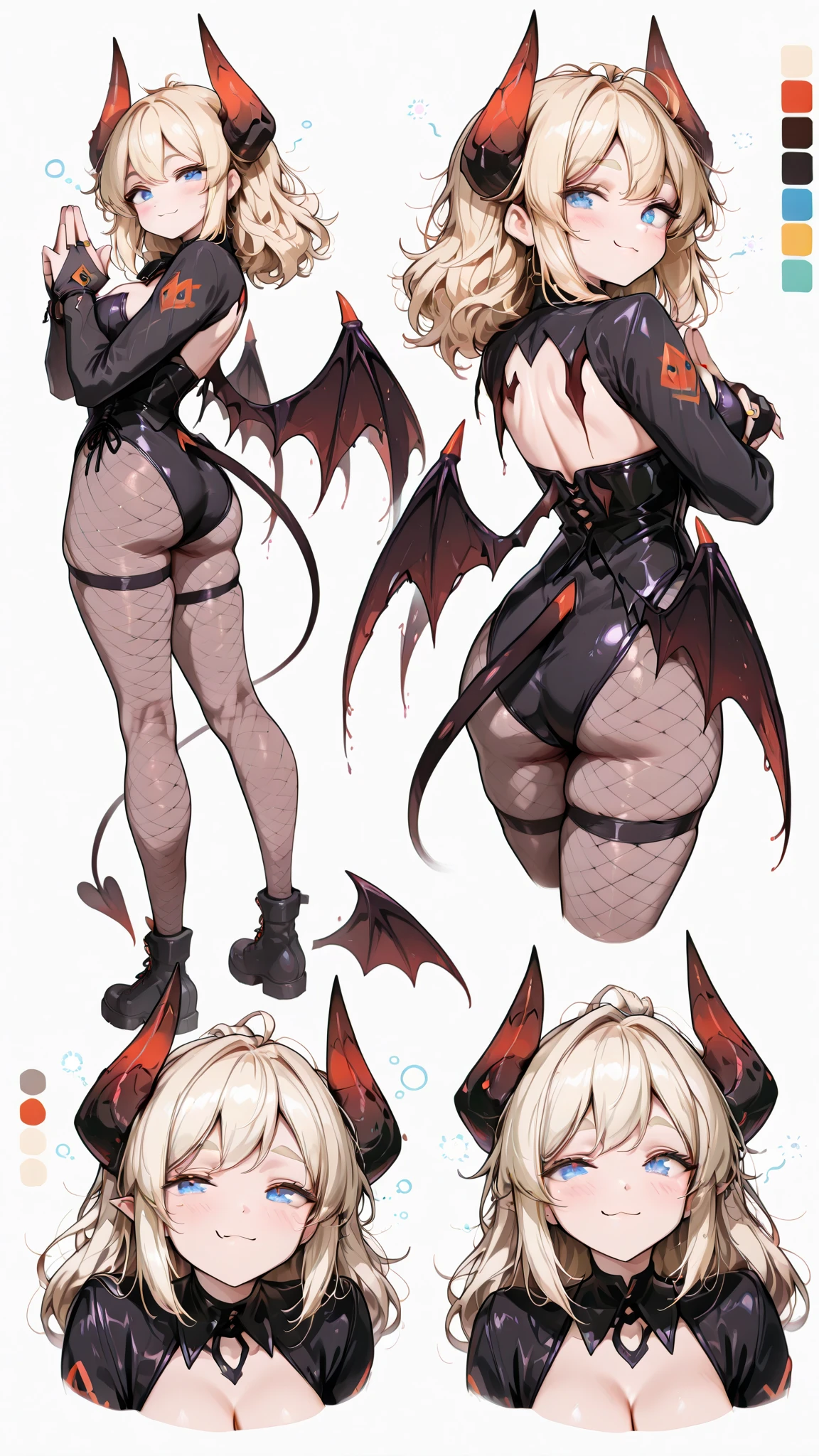 masterpiece, best quality, cute eyes, 1girl, solo, high fantasy costume, ((white background)), full body, multiple views, succubus, dragon horn, detached sleeves, thong,
