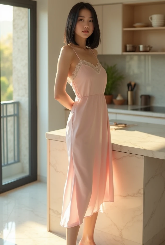 Female supermodel. Pastel green evening dress. Dim, soft lighting. Sunset. Sunset. Café Planetaria, Tokyo, Japan.