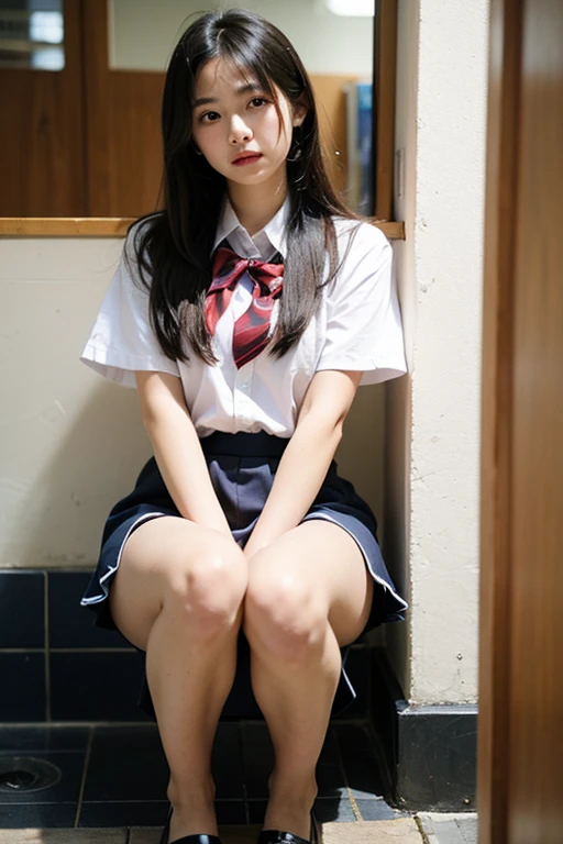Thai, ponytail, white collared shirt, Long sleeve shirt, necktie, pleated skirt, dark blue long skirt, white socks, black loafers, Thighs look good, squatting down, open leg to side, showing her panties, panties shot