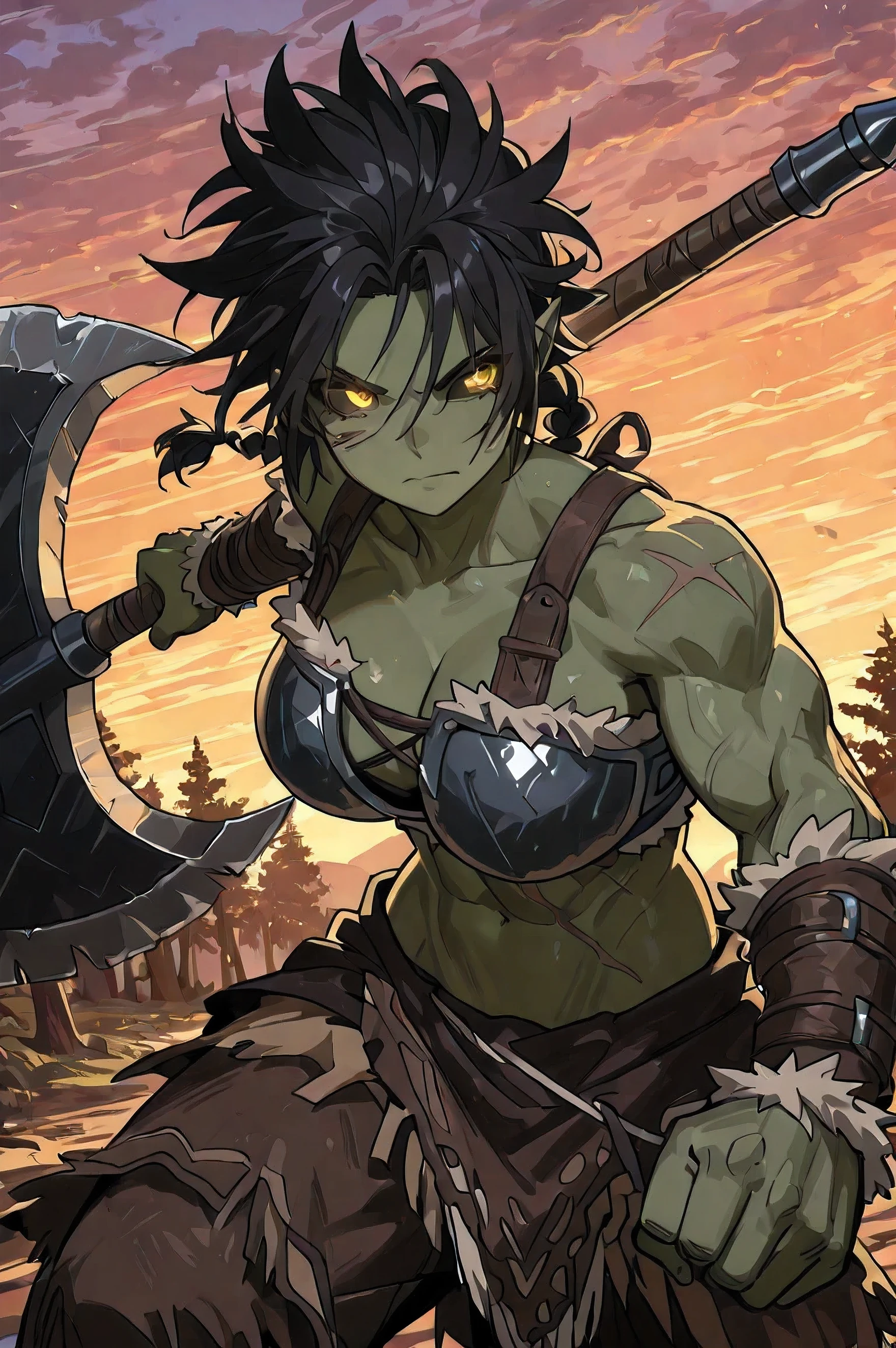 Orc female, short hair, black hair, spiky hair, hair up, short hair, low braid, scar on belly, combed hair, yellow eyes, green skin, flat coloring, 2d coloring, muscular body, glowing pupils, black sclera, large breasts, highly detailed, detailed eyes, tribal troop, aggressive look, sunset forest background, wielding a battle axe, attacking, wearing barbarian armor,
