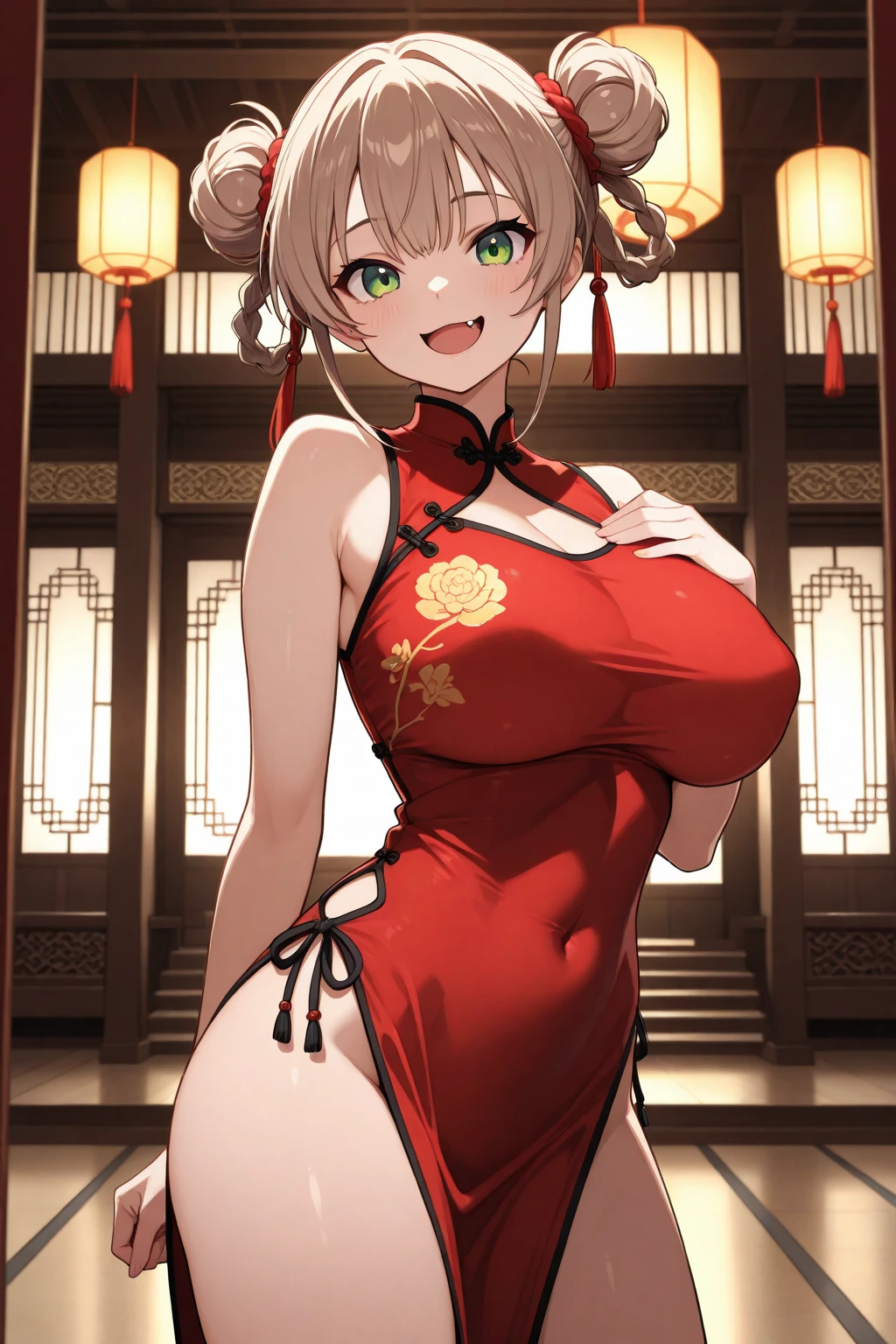 1 girl, (solo:1.2), tall girl, beige hair,short beige hair, straight short hair, gold eyes, (Full Breasts), (thigh), High Height, masterpiece, high resolution, shiny, (full body), beautiful, A cute smile that makes the viewer happy, highly detailed beautiful face and eyes, looking at viewer, (red cheongsam clothing, bare shoulders, red china dress, red chinese clothes, short dress, cleavage cutout, sideboob, slit, thighs,:1.2), (sexy:1.2),