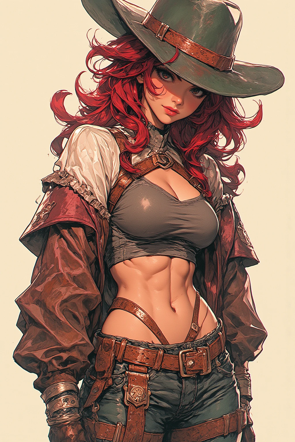 A beautiful sexy woman with long, shiny red hair, a tender face, a warm, friendly look, a fit figure, big breasts, naked, nipple, puff arms, skirt straps, Leader im Fantasy-Style, Sleeveless, bares her waist, a bracelet adorns her wrist, leans back erotically, This character embodies a finely crafted fantasy pirate, exquisiter (Alexandra Daddario:1.2), High Resolution, best quality, highres, Ultra-detail, Finest painting, extremely sensitive, Specialist, anatomically correct, symmetrical face, extremely detailed eyes and face, High quality eyes, creativity, RAW-Foto, uhd, 32k, natural light, cinematic lighting, masterpiece-anatomy-perfect, masterpiece:1.5. hige ass from behind. white background, full body. tricorn hat