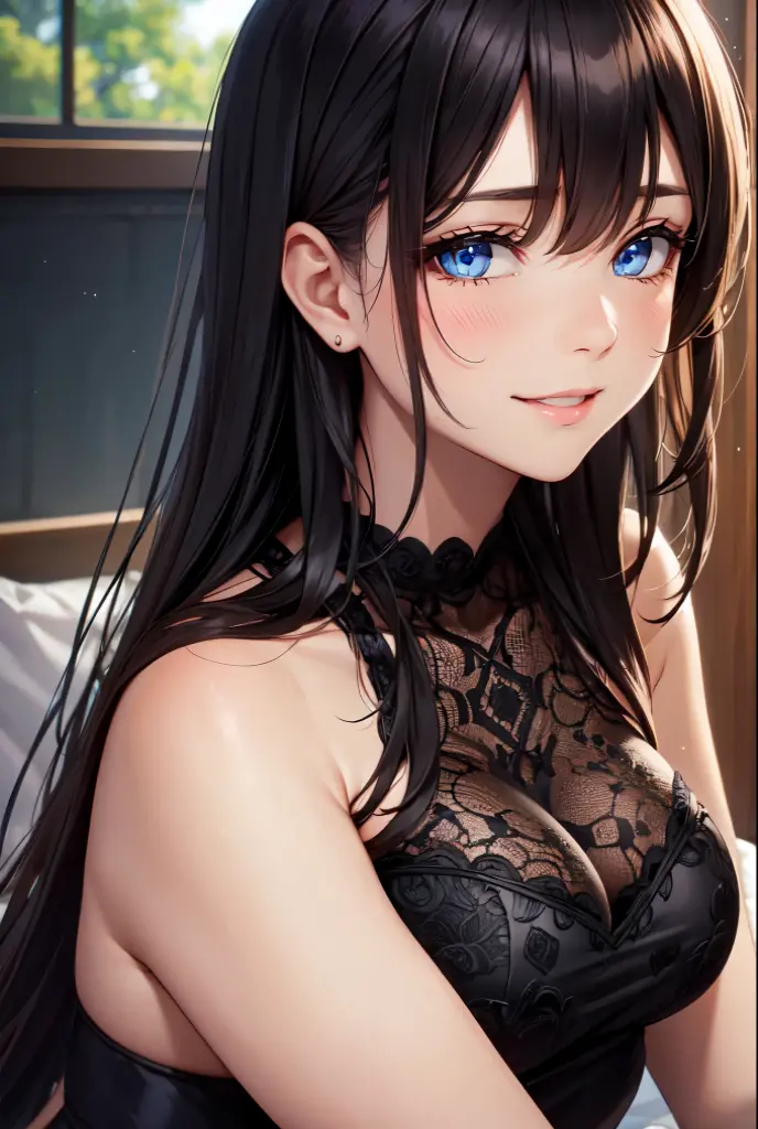 ((Highest quality))、((masterpiece))、(detailed)、((Anatomically correct))、(High resolution、8k)、(Beautiful Skin:1.1)、One woman、Look at me、Shiny black hair、long hair、Straight Hair、(Beautiful eyes:1.2)、Black camisole、Erect nipples、Shorts、White Room、stuffed toy、window