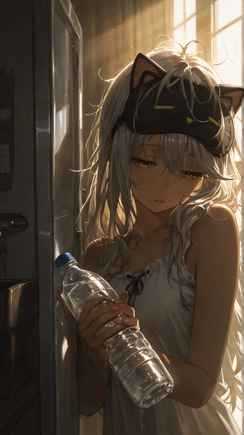 (masterpiece:1.2, Best Quality), (finely detailed beautiful eye: 1.2), (beautiful detailed face), ladyshadow, close up, portrait, upper body, tired, sleepy, good_hands, yellow eyes, half open eyes, light gray hair, long hair, tousled hair, messy hair, sleep mask, white pajamas, modest pajamas, sleeveless, window, sunrise, sunbeam, opening refrigerator, looking away, holding bottle of water, cat on counter, early morning,