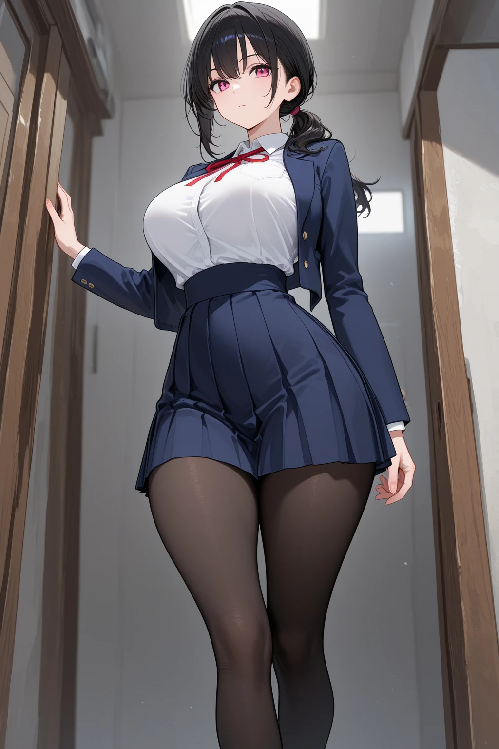 ((High quality, 8K, Masterpiece: 1.5)), Dinamic poses, Very big breasts, big ass, Soft, Tight office uniform, High quality, Very Horny, Beautiful, Clear visible eyes, Alone in cabinet, Shirt, Skirt, Jacket, Tie, Mini Skirt, Looks attractive, A loving look, She leaned on the table, Table in the background, Board in the background, Perfect body, All details are well drawn, Perfect face, Opened shirt, The underwear is visible, NSFW, Cow girl, Lactating, Partially torn clothes, Milk leaking from nipples.