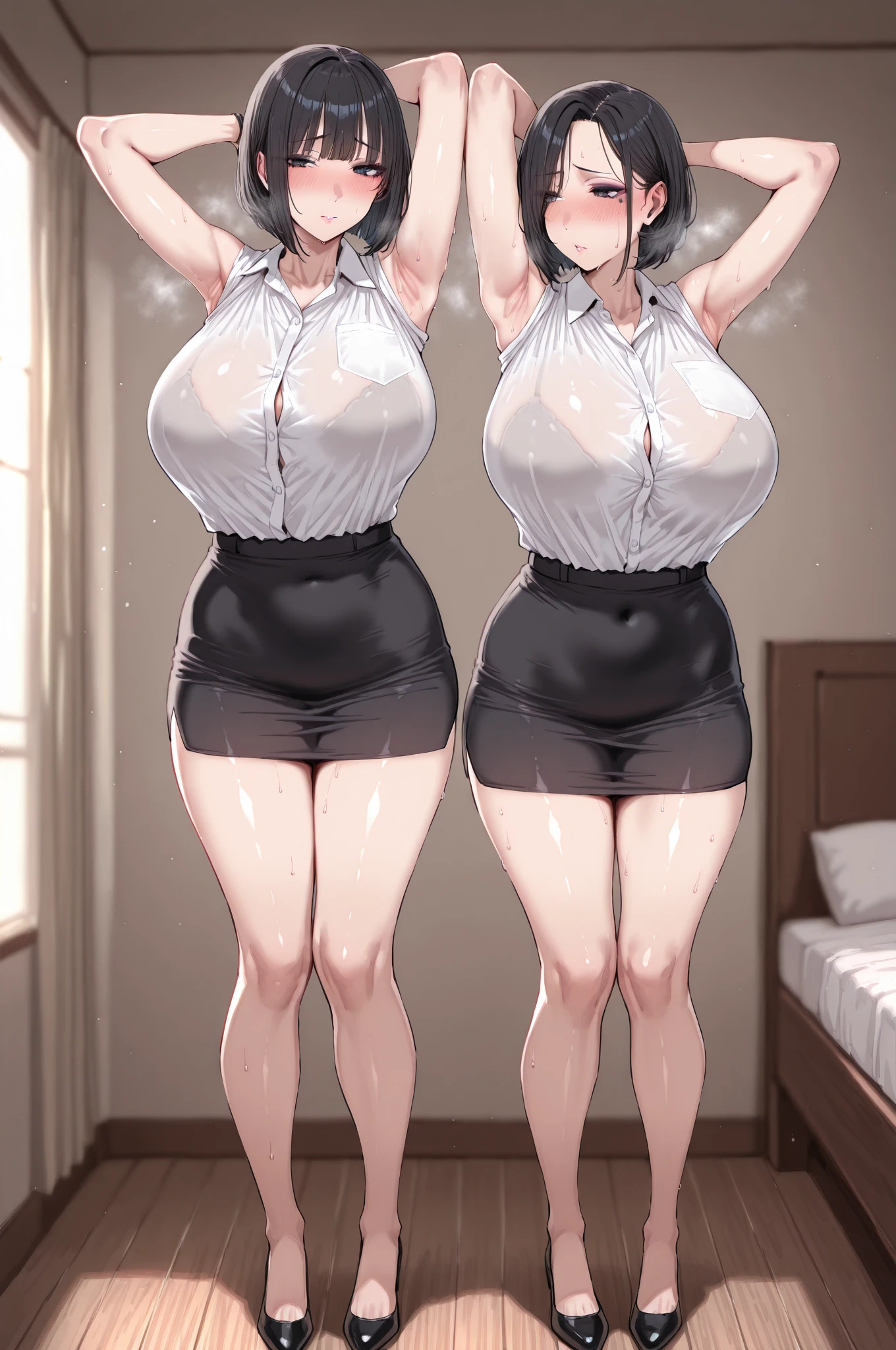 Full body image, front, two girl, twins, 18-year-old, Mix 4, (32K, RAW Photos, Highest quality, masterpiece:1.2), (Anime-like, photoAnime-like:1.37), cute, Casual wear, Short sleeve T-shirt,Shorts,Black knee socks, night, rain, Humidity, Professional Lighting, Photon Mapping, Radio City, Physically Based Rendering, Super Resolution, (Big Breasts:1.2), {{The biological weapon that had preyed on the younger sisters took her place and reunited with the older brother, The rebellious little sisters has become the obedient little sister}}, Girl Skull, whole body, NSFW