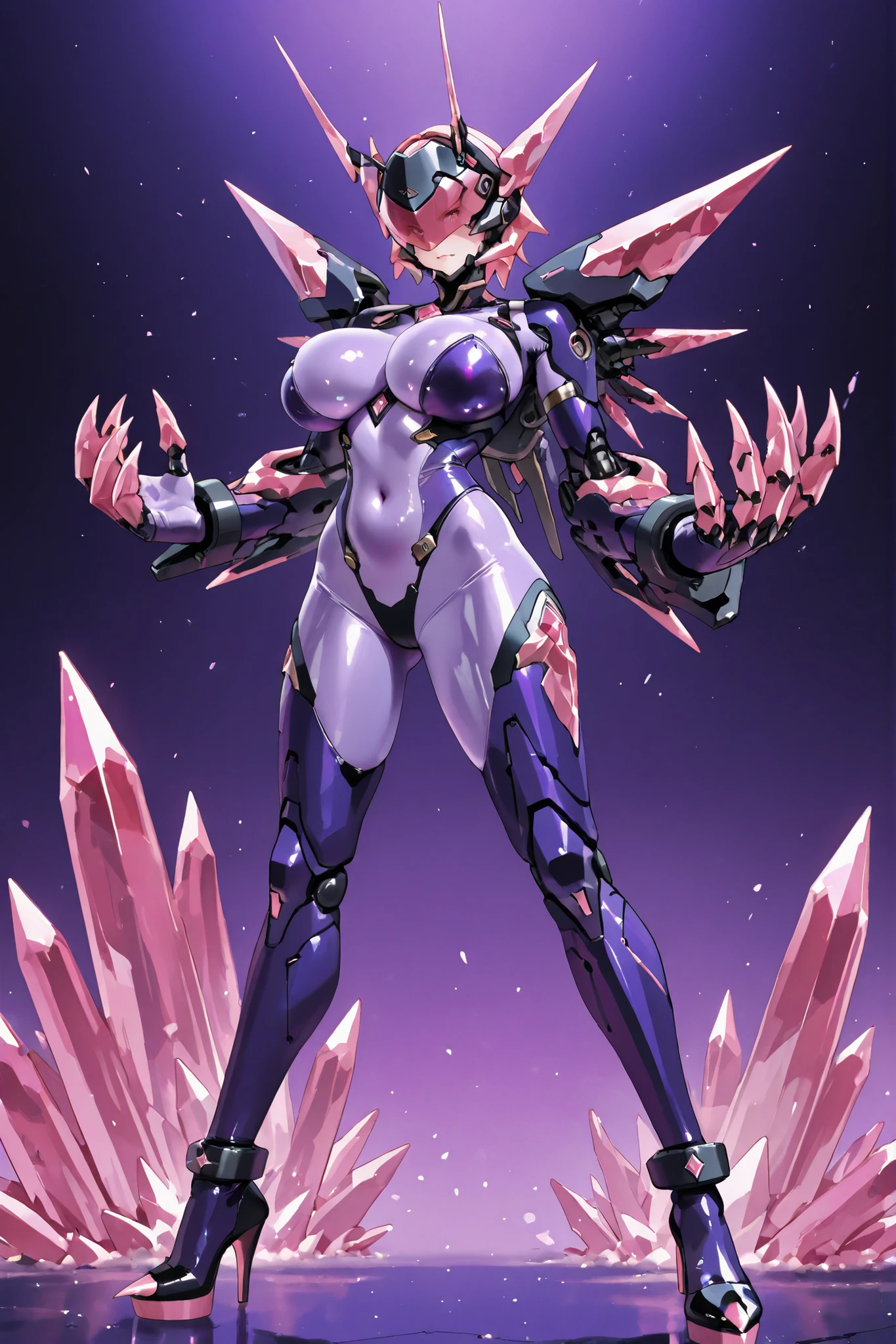Cyborg girl. Visor with crystals covering her head. Tentacle antennae. Hands growing out of her head. Glossy. Purple bodysuit. Black mechanical bondage costume. Crystal claws. Sharp claws. Pink crystals. Pert breasts. Detailed navel. Sharp high heels. Crystal high heels.