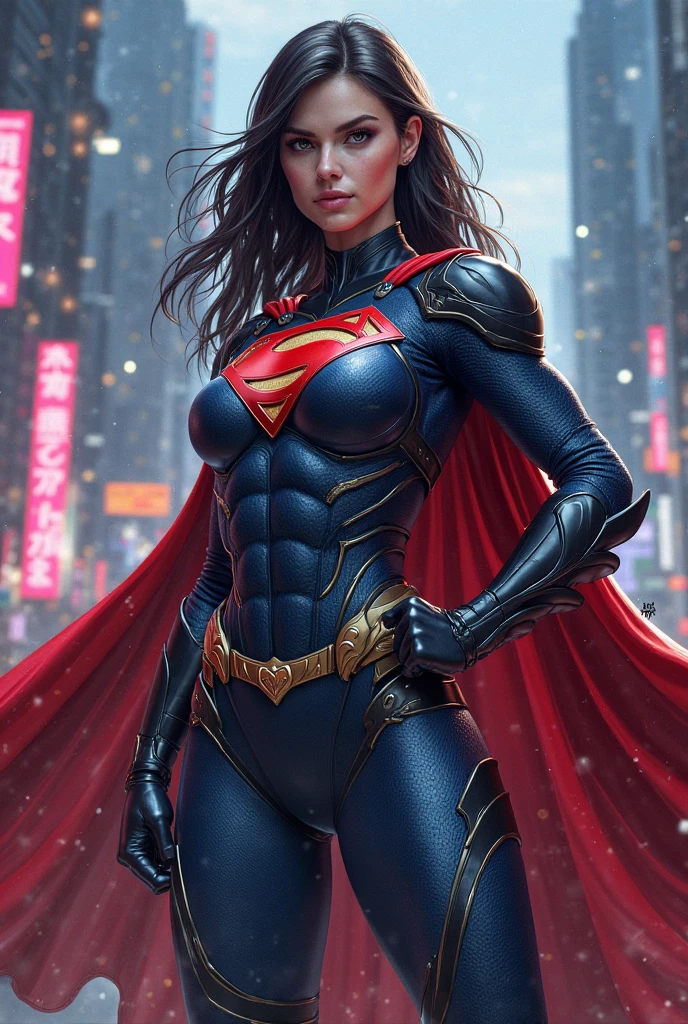 Beautiful woman short black hair defined body big breasts, wearing Supergirl cosplay