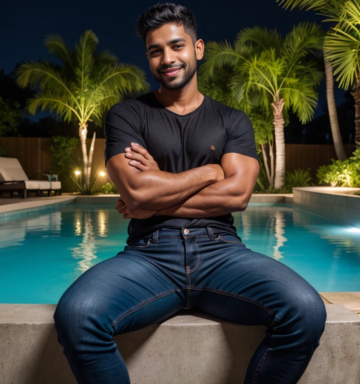 India men sittiing in a hotel with swimming pool