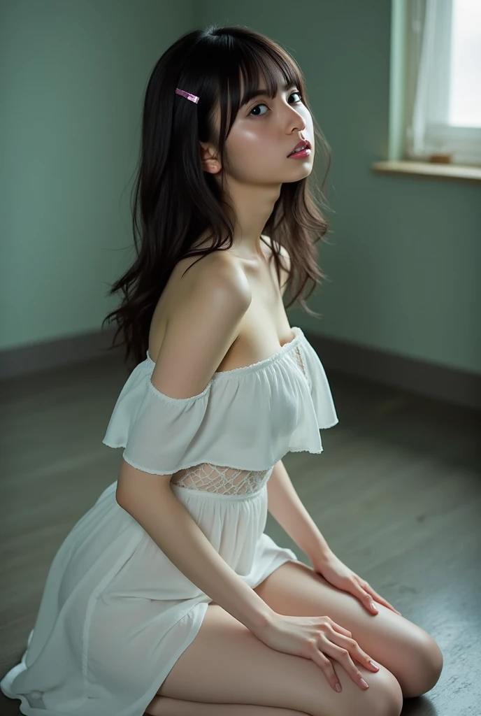 Photograph showing the whole body。She has her legs crossed。(RAW Photos, Highest quality), (Realistic, Photorealistic:1.3), Tabletop, Very delicate and beautiful, Soft Light, (Brown Hair, Straight shoulder-length hair fluttering in the wind), Beautiful detailed girl, Highly detailed eyes and face, Beautiful and detailed nose, Fine and beautiful eyes, 1 girl,Pure beauty, cute,, (Small breasts:1.2), Realistic face, Realistic body,Full body photo、Wearing a wedding dress。She is in the church。Evening or night, The lights in the church are on, Very beautiful and kind smile,