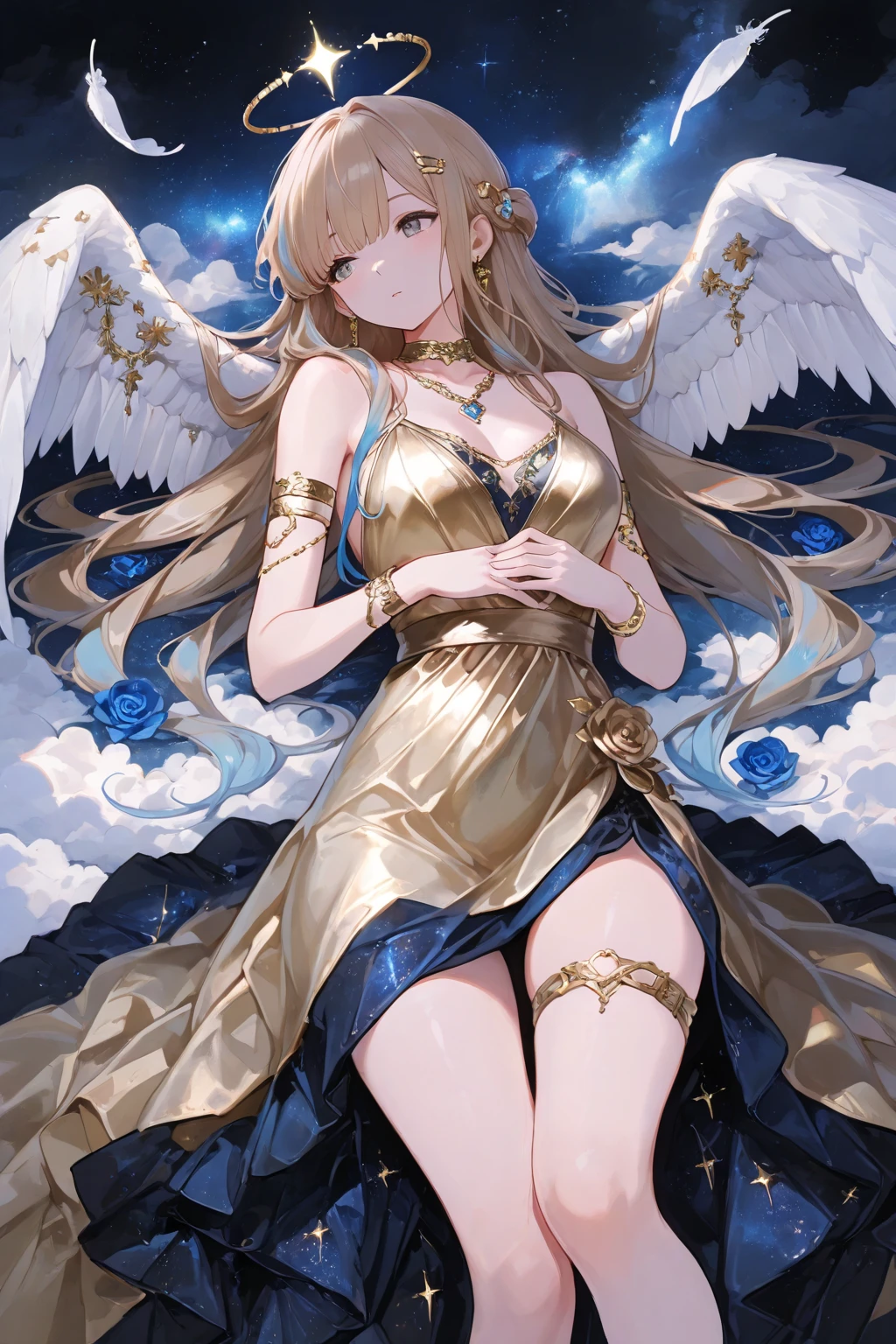 masterpiece,best quality,highres,cinematic lighting,dramatic angle,<lora:ShadowverseManariaV1-000021:0.8> ,1girl,blonde hair,bare legs,wings,purple dress,long hair,sitting,capelet,yellow eyes,bare shoulders,cowboy shot,looking at viewer,smile