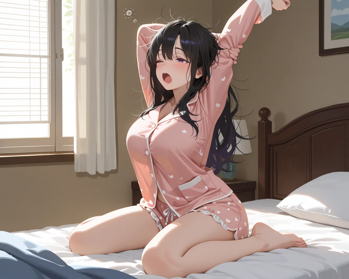 (Masterpiece, best quality, high res、highly detailed cg: 1), 'Are you sure your first time having sex is with your aunt?' Create a picture of a married woman who is shy and seems less than full of being seen as a woman. Her expression is a mixture of embarrassment and slight pleasure, and her body movements show a little awkwardness and a little pride. Make this a suitable place for the sex that is about to take place. ((Lascivious, lingerie set, red ribbon, hair band)), 35 years old, nsfw, Rutting eyes