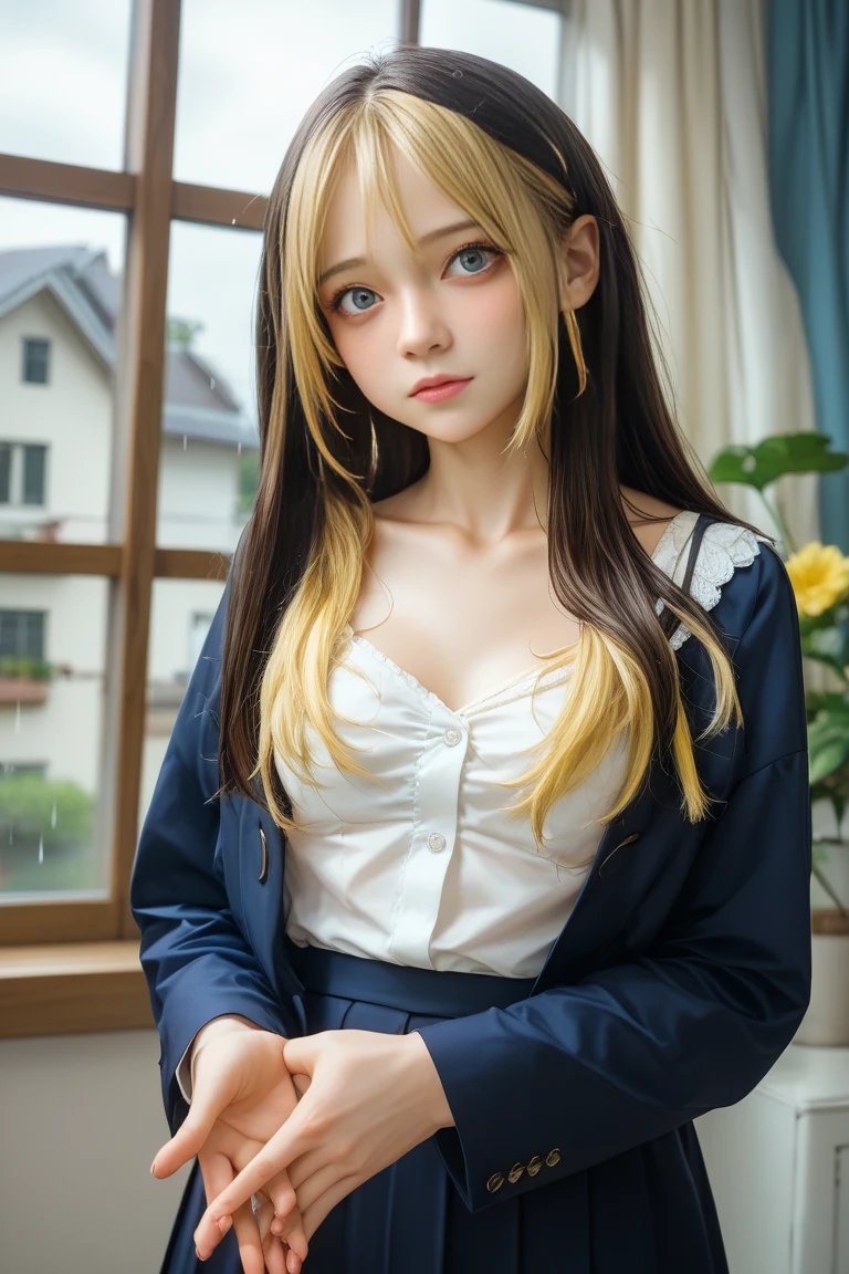15yo girl、Very adorable face、bright expression、Authentic photo quality、Extraordinary  beauty、white, shiny smooth white skin、Beautiful bangs、((Smooth and shiny super long natural blonde)),Super Long Straight Silky Hair、Looking at the camera、Very perfect cute beautiful  young little woman、Very perfect beautiful and cute face、Beautiful, Clear, large pale light blue eyes、large full 、student clothes、japanese sailor suits、Pretty Face、Small face beauty、Gloss Face、Teak Gloss