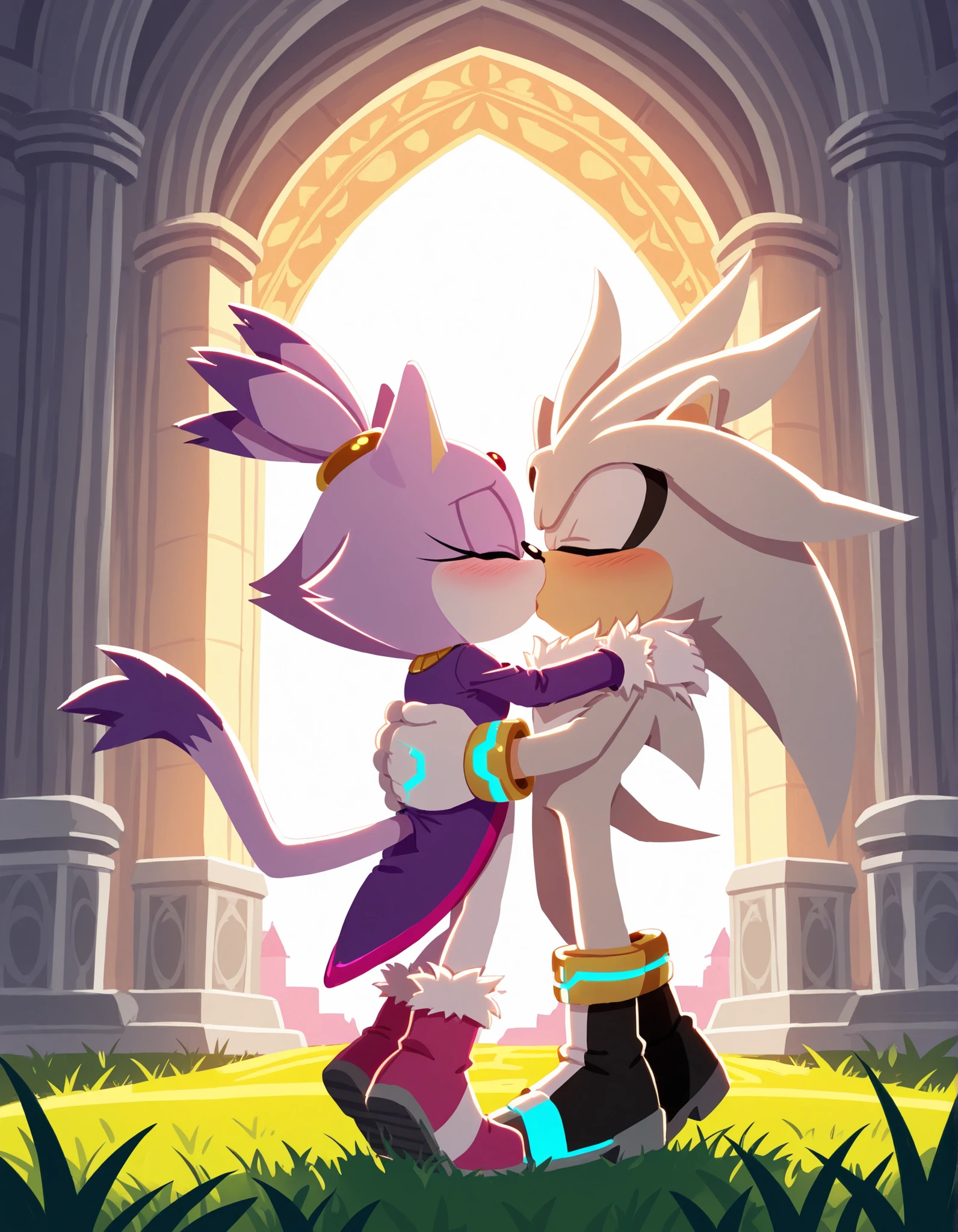 sonic (series), sonicchann3l, sonic (series), 1girl, 1boy, silver the hedgehog, grey fur, blaze the cat, purple fur, cat tail, kiss, hug, closed eyes, sunlight, grass, full body, blush, topknot, outdoors, palace, sunlight,