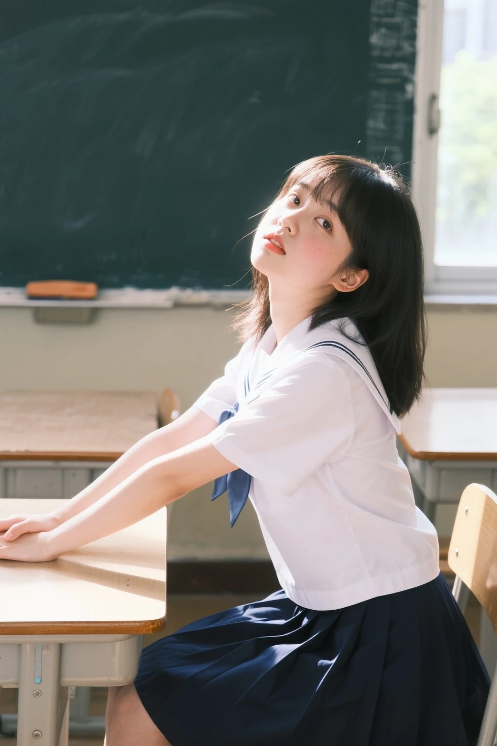 Kagome Higurashi chan / inuyasha, Black hair, a girl, very thoughtful, long straight black hair, closed mouth , eyes closed , Raised head, she opted for a school uniform, small breasts, No apto para el trabajo, big ass, thick thighs in bed, wide hips , sitting on a chair, crossed legs , from the side, classroom