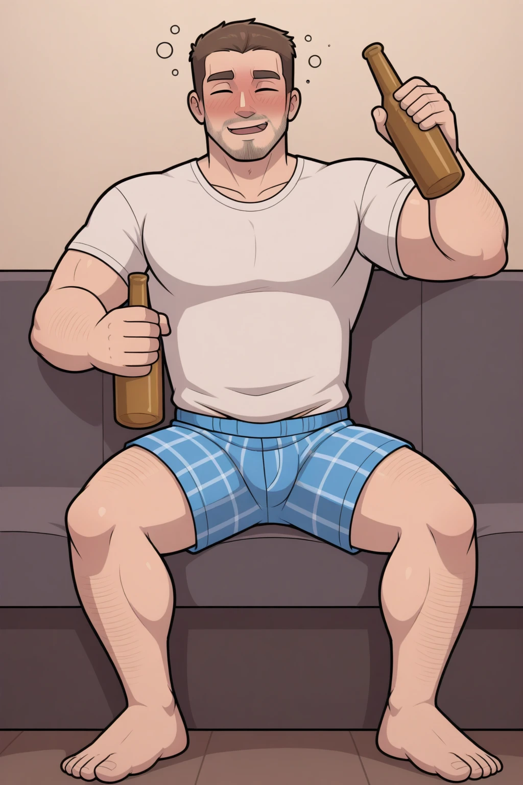 Homeless man, muscular body, dirty and oily skin, hairy body, huge chest (huge2:0), poorly groomed beard, dark smile, black eyes, face with expression lines, black hair (messy), huge bulge in his pants . He is in the living room of an abandoned house (dirty, bottles on the floor), wearing torn pants (dirty), no shirt, barefoot, holding a bottle of beer, sexy pose.
