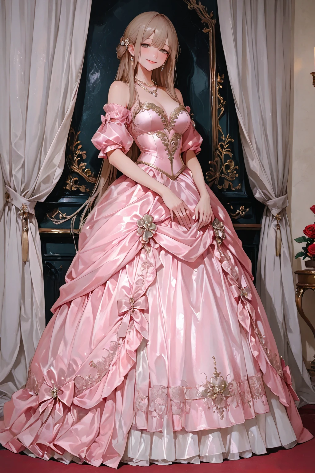 1950s Royal Style, DRESS WITH SHINE CORSET
adorned , embroidery, and jewels, long white gloves, with corset pearl necklace and earrings PINK DRESS SHINE PINK DRESS DIAMONDS
Portrait of a stunningly beautiful young blond GLITTER DRESS PINK DRESS GOWN shine shine shine dress pink as a Queen wearing DRESS WITH CORSET ALL DRESS vestido inteiro até o chão vestido longo até o chão