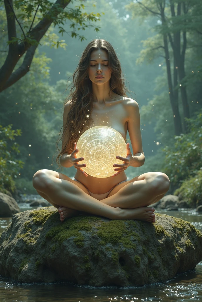 The beautiful woman ,without clothes ,Holding a glowing sphere in both hands，staring directly at camera，Cross-legged meditate, at centre，Clear facial features，Very bright colors, light Particle, with light glowing, Mushiv, Wallpaper Art, UHD Wallpapers