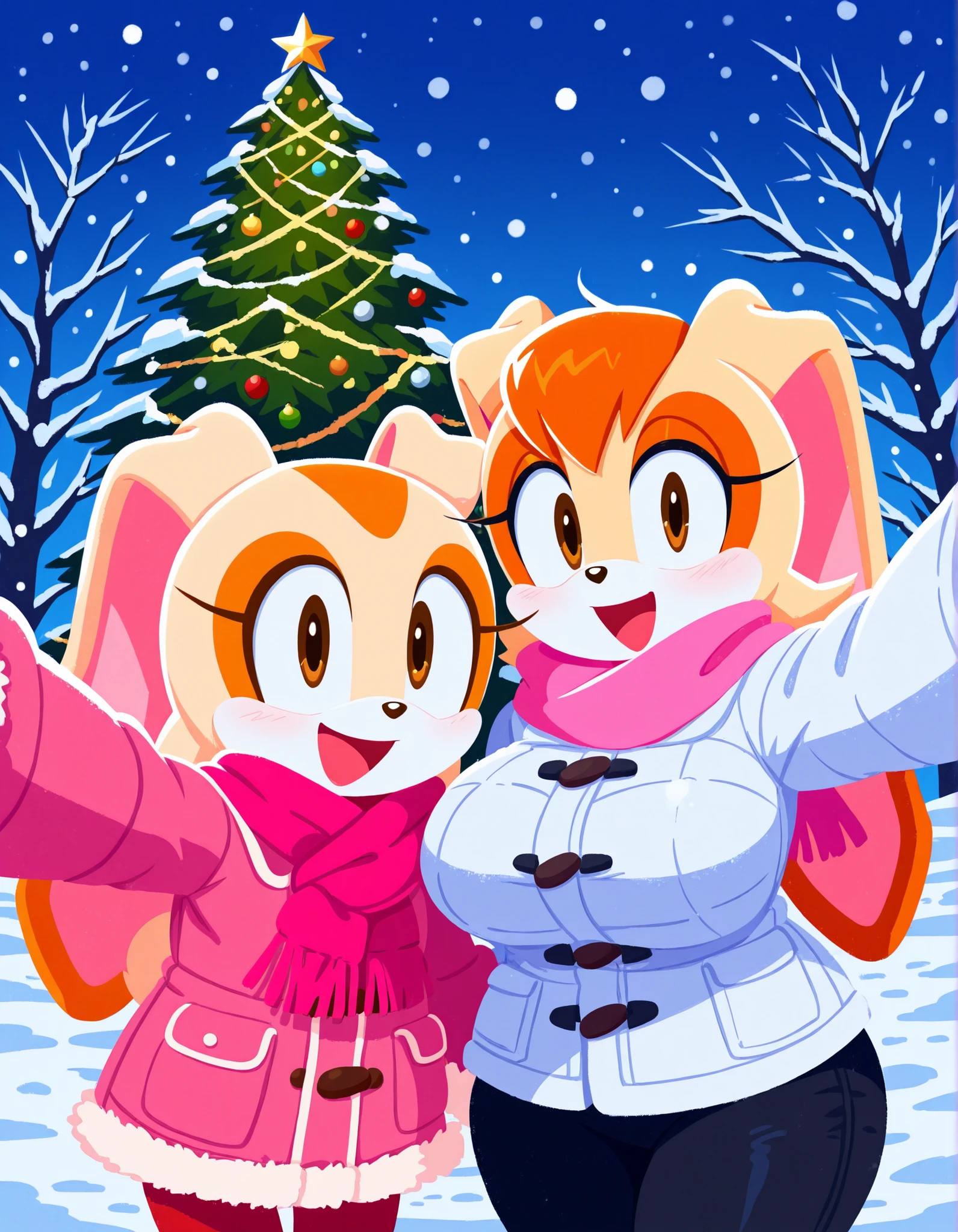 f abstract background, christmas tree, snow, sonic (series), sonicchann3l, sonic (series), 2girls, vanilla the rabbit, curvy, mature female, winter clothes, pink scarf, cream the rabbit, size difference, selfie, cowboy shot, :d, looking at viewer,