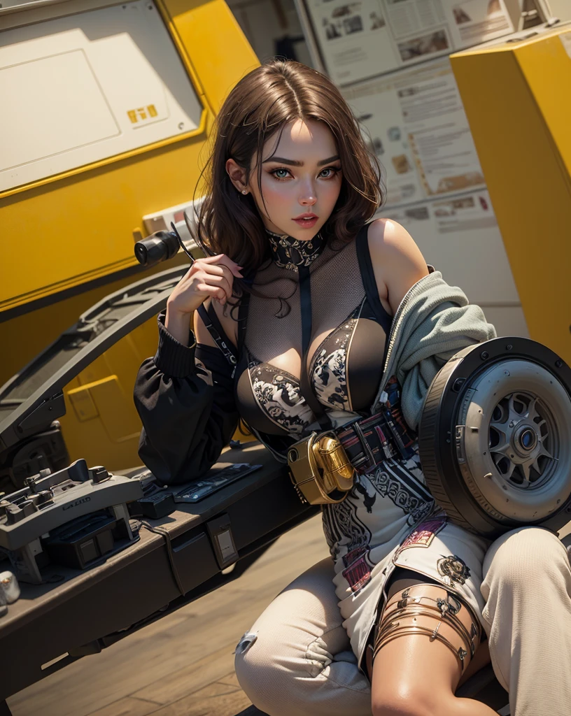 a beautiful girl with a beautiful face is sitting in the cabin of a BMW car, THE CAR DOORS ARE OPEN. steampunk style,stylization,hyperdetalization,komoposition