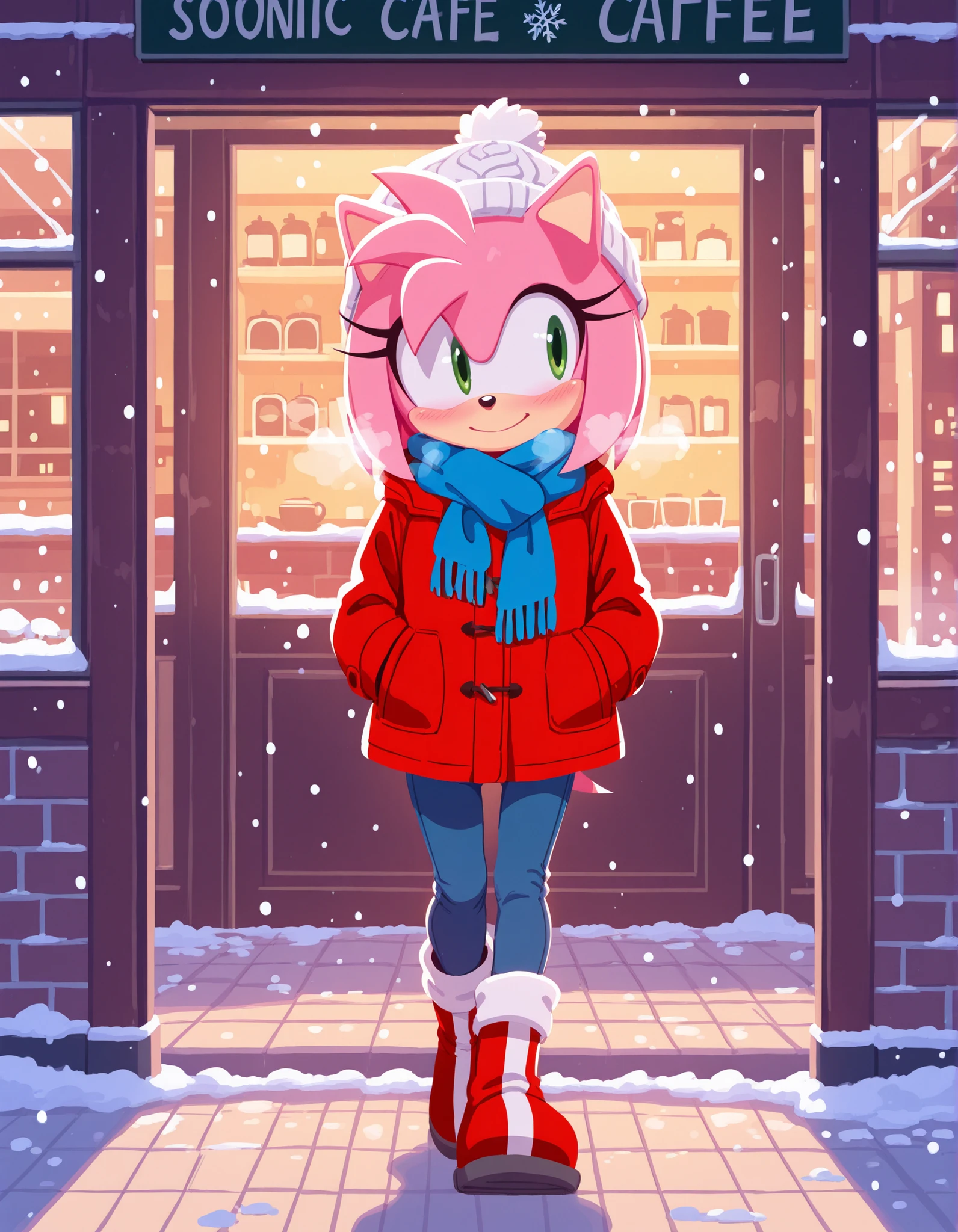 masterpiece, best quality, amazing quality, very aesthetic, absurdres, sonic (series), solo, sonicchann3l, Amy Rose, petite, blush, smile, breath, red parka, blue scarf, jeans, red boots, white knit hat, hands in coat pockets, walking, snowflakes, snowing, cafe, looking to the side, storefront, city, dawn, dynamic angle
