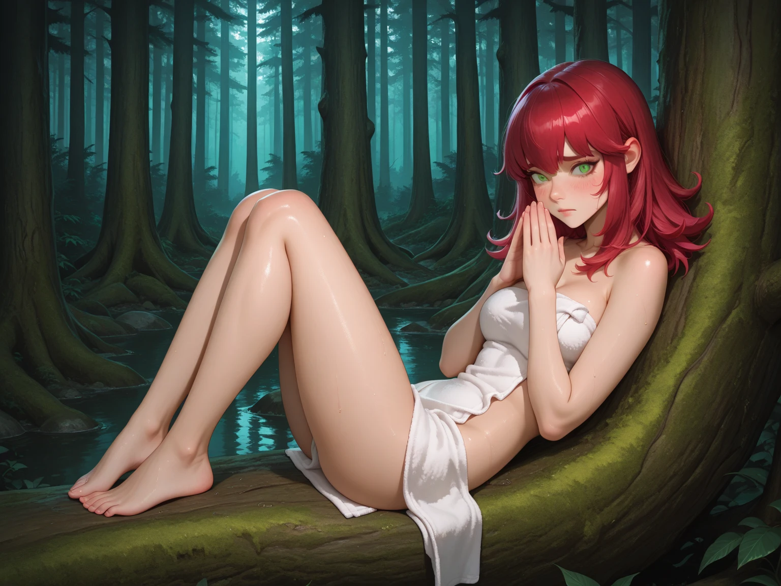 elf, girl, old 18 years, red hair, pink eyes, pale, pale skin, holding a red ribbon in hands, nude, naked, smiling, sensual pose, in a forest, sunset,