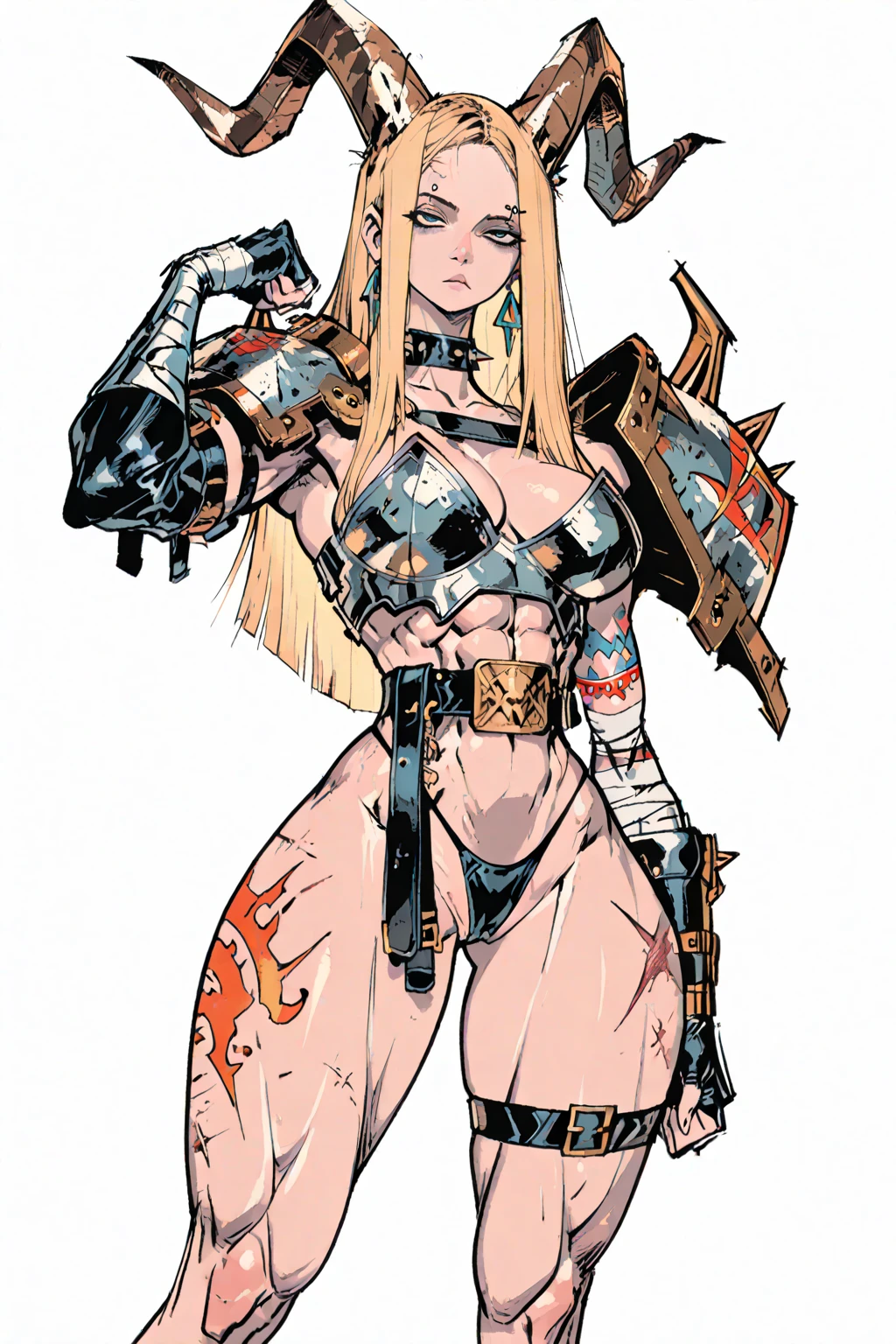 "(masterpiece), best quality, NSFW,
1girl, (80s anime style:1.5), (eyelashes:1.5),
(intricate high detailed body:1.2),
blonde hair,
(single braid:1.1),
blue eyes,
(dark skin:1.2), (slim body:1.2),
(small breasts, flat chest:1.2),
happy, smile, open mouth,
(silver embroidery bikini armor, tatoo:1.2),
(knight armor, armored boots, capelet:1.2),
(garter belt:1.2), earrings, sleeve, maid headband,
(dynamic pose1.1),
(full body1.1),
(simple white background:1.3)"