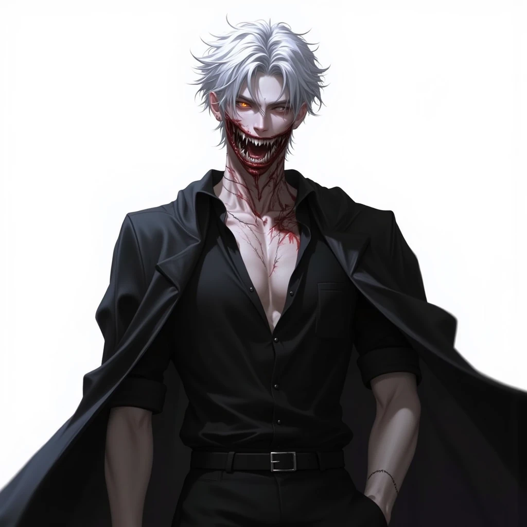male character, really short hair, white color. Eyes red, half of the face disfigured, strong character. appears to be older, about 35 years. Wears a death-like cape. anime dash