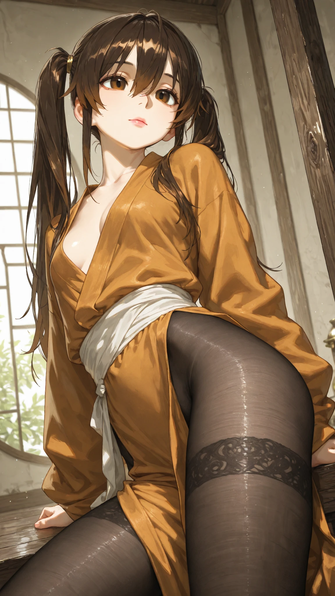 Brown hair long ninja girl　Wearing a beautiful black kimono　White underwear　White skin　tall　With bangs　Beautiful face　Thin legs　A little bit of cleavage is visible　sitting on the bed　Legs bent　Anime Style