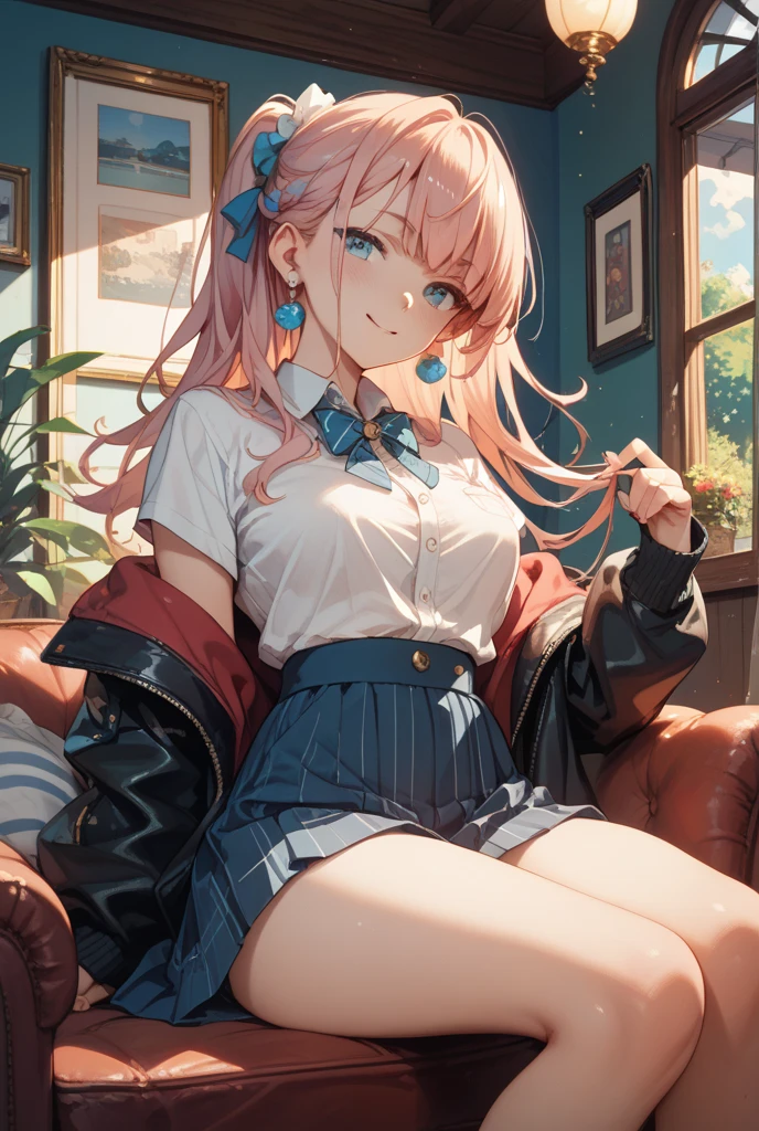 1girl, Hoshino (Blue Archive), 独奏, heterochromia, Pink hair, skirt, long  hair, necktie, ahoge, shirt, halo, plaid skirt, eyes blue, plaid,  looking at the scenes, white shirt, sitting, Orange Eyes, Chest harness, Possessed., long-sleeved, Identity card, open mouth, very long hair, collared shirt, smile, blue necktie, explosions, feet out of frame, between legs, Hand between legs, blush, Hair between the eyes, highres,巨作, Best Quality