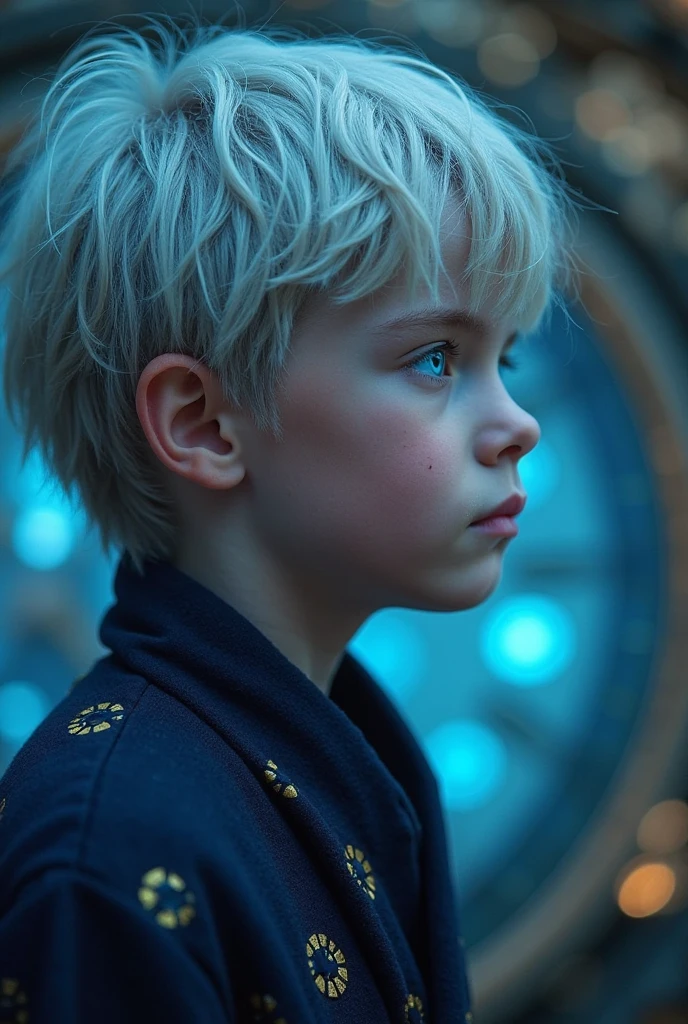 Apparently  boy, with blond hair, skin and blue eyes, universe in a royal environment, wearing a British schoolboy uniform