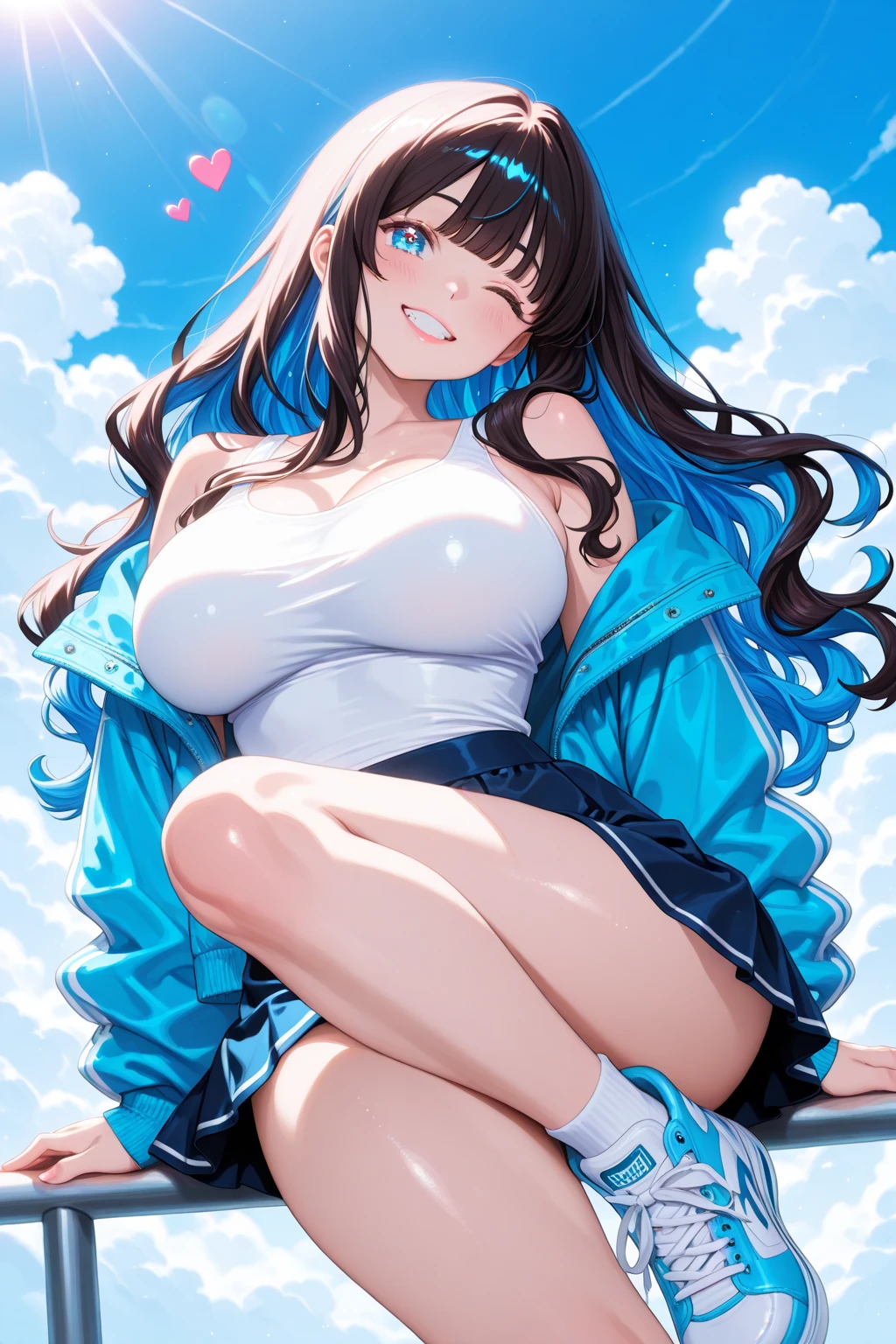 a female anime character riding a bicycle and looking all happy while in her shirt, 1girl, solo, skirt, underwear, breasts, panties, long hair, large breasts, bicycle, smile, open mouth, shirt, cleavage, sky, jewelry, white panties, pantyshot, necklace, short sleeves, brown hair, looking at viewer, white shirt