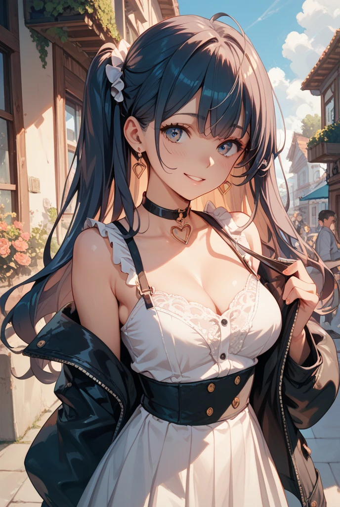 High resolution、Super detailed、(1 girl:1.3)、complex architecture、lush garden、Designing images using the fisheye effect、Capture a wide field of view with a unique curved perspective、panoramic cityscape、Creating elevation-aware rooftop views in urban environments、smile、cleavage、close up of face