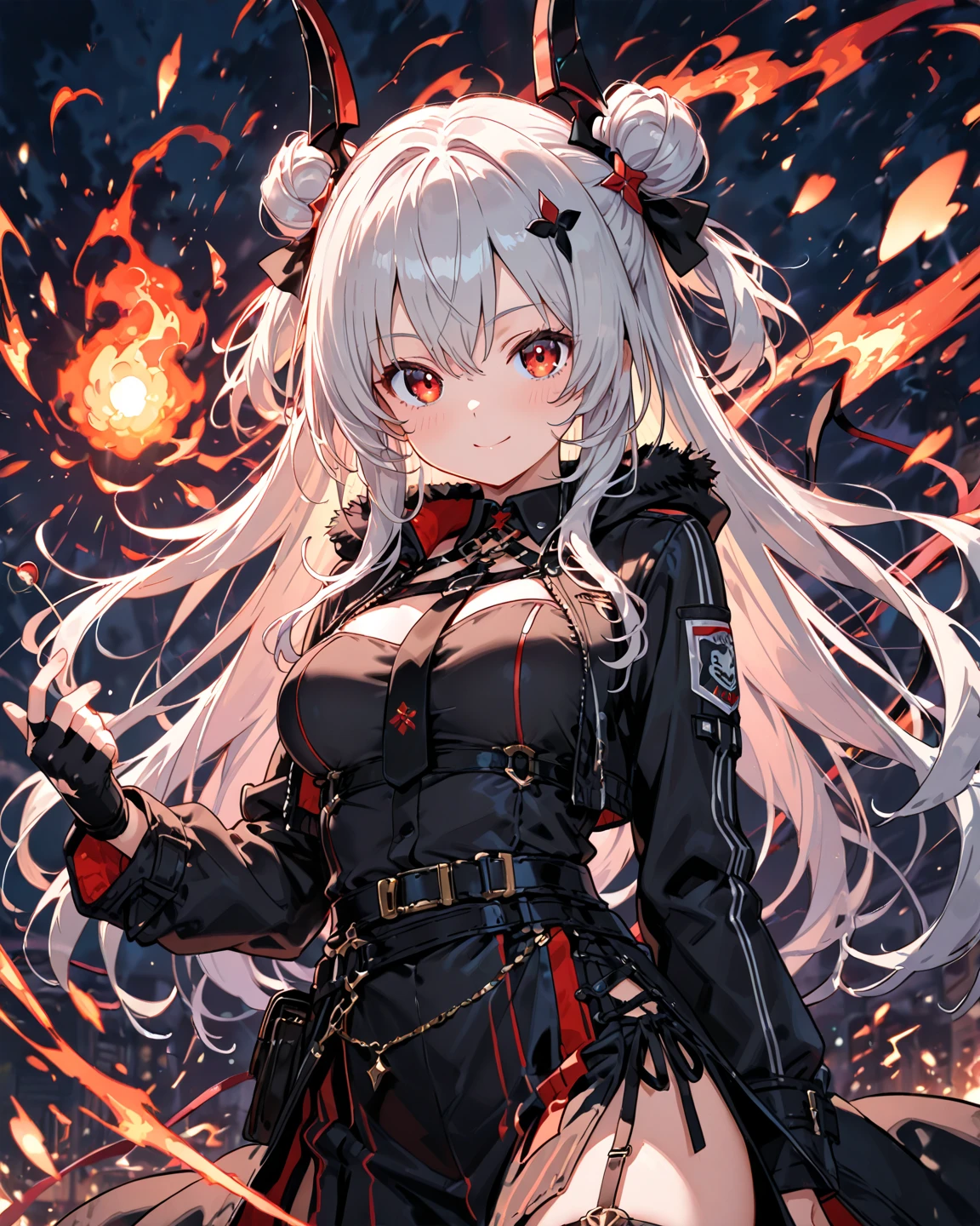high res, intricate background, galaxy background, nebula, comet, planets, cat woman, 25 years old, white hair, top half shot, black body armor, white cloth covering breasts, black and red tattoos on face and left shoulder, red glint in eye, long black jewelry from left ear, black choker