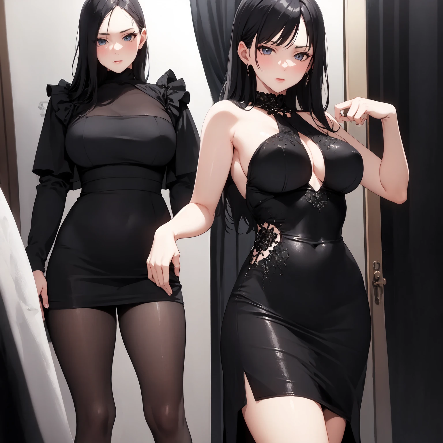 Create a goth girl with short black hair,and with eye shadow,no bad quality,em 2D,dressed in black,and with a silver necklace