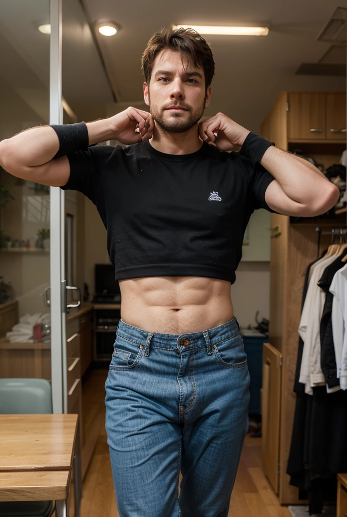 Melancholy,around,artistic conception,big occasion,The wind blew up the white curtains,in office,40 years old,Diffuse light,Chest muscles,Topless, stubble, Europeans and Americans,temple, Muscle tissue, Mature man,Bodybuilder,Golden-blue、Pure purple black,June,Dignified and elegant,temperament,short hair,,The light is soft,Black triangle underwear,full-body shot,wearing glasses
