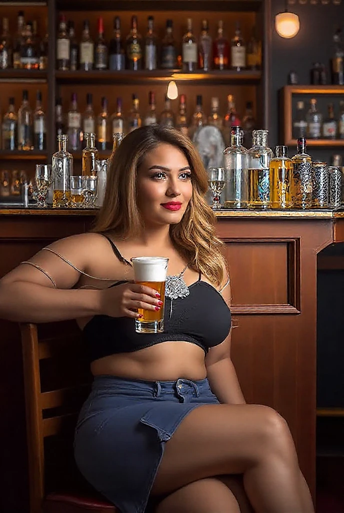HD wallpaper 32k cinematic shoot of a Beautiful cute girl, with thick thighs and a curvy waist, wearing Summer Wear, smiling , ((lowwaist)), ((large huge earrings)), ((double thick thighs)), ((sitting)), ((full body view)), ((sitting on a chair)), ((in a pub)), ((in a bar))