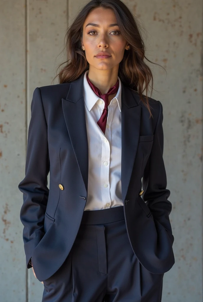 Taissa Farmiga dressed in a blazer, short skirt and stockings and a  smile.