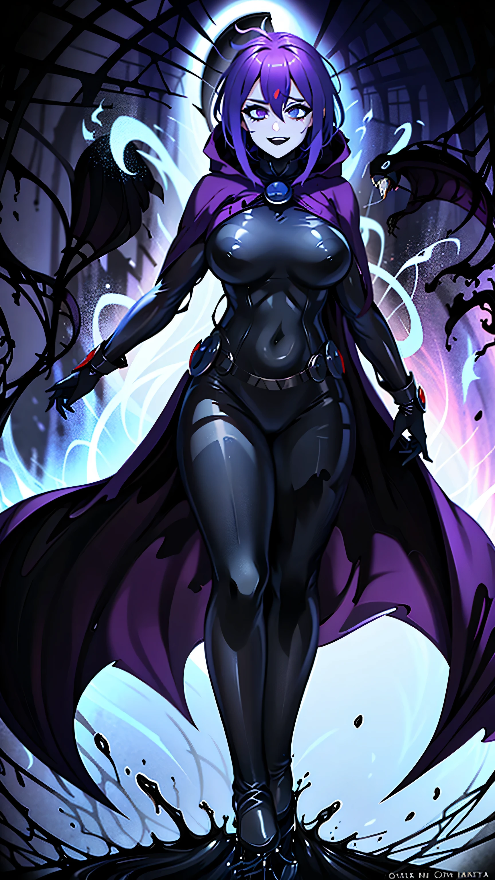 ((photo by full body, standing, Feet on the ground))illustration of Raven from DC Comics, 1 girl, Raven, high collar, collant preto, black cloack, hooded cloak, cabelo roxo, testa jeauel, purples eyes, shorth hair, waist belt, stretched skin, standing, neckleace, toned, pose, natta , moonlights, ((posando)), motion lines, trunk, trunk, portraite, b&au. contour, in anime tarot card art style, chic, glamorous, reflection, Glow Up, shadowing, pantyhose 40 dinier, mic, dynamic angle, symbiote, merge with symbiote, raven wearing symbiote hood.