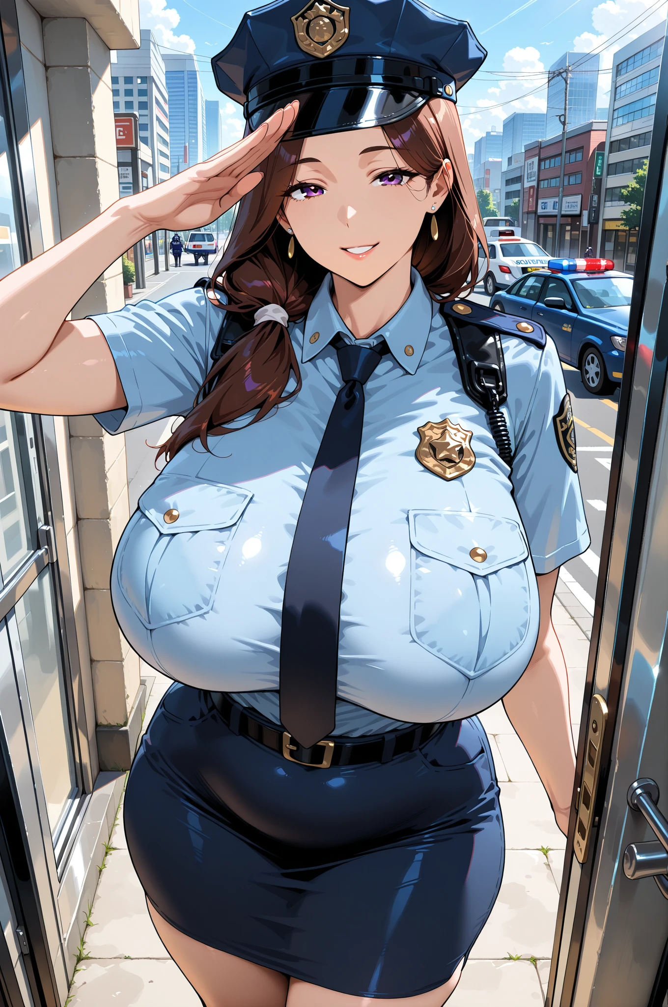 High quality, red hair, long hair, Big tits, female police officer, sexy outfit, Not wearing underwear, short skirt, Slut, in public, 4k