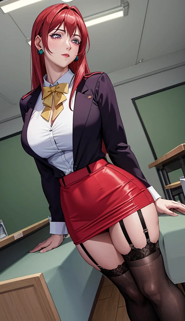 (Masterpiece, Best Quality, High Quality:1.4), professional artwork, Intricate Details, field of view, sharp focus, detailed painting, masterpiece, cinematic lighting, trending on pixiv, (vivid lighting, vibrant colors, by Nagasawa Rosetsu:1.05),
Hiroko Takashiro, (mature female, milf:1.1), solo, (curvy:1.1), standing near chalkboard, holding chalk, classroom, (full body shot:1.1),
(red hair:1.05), long hair, lipstick, makeup, ultra detail hair, ultra detail face, (purple eyes:1.05), perfect eyes, perfect face, earrings, (confused, blush:1.2),
shirt, jacket, (black thighhighs, garter belt:1.1), zettai ryouiki, pencil skirt, teacher uniform, highheels,
(Large Breasts:1.1), Cleavage, big ass, thighs,